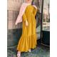 Women Vintage Pleated Spliced Belted Loose Long Sleeve Tunic Casual Maxi Dress