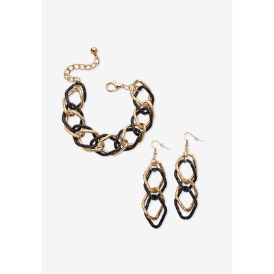 Women's Double Curb-Link Bracelet And Drop Earrings Set In Goldtone And Black Ruthenium by PalmBeach Jewelry in Black