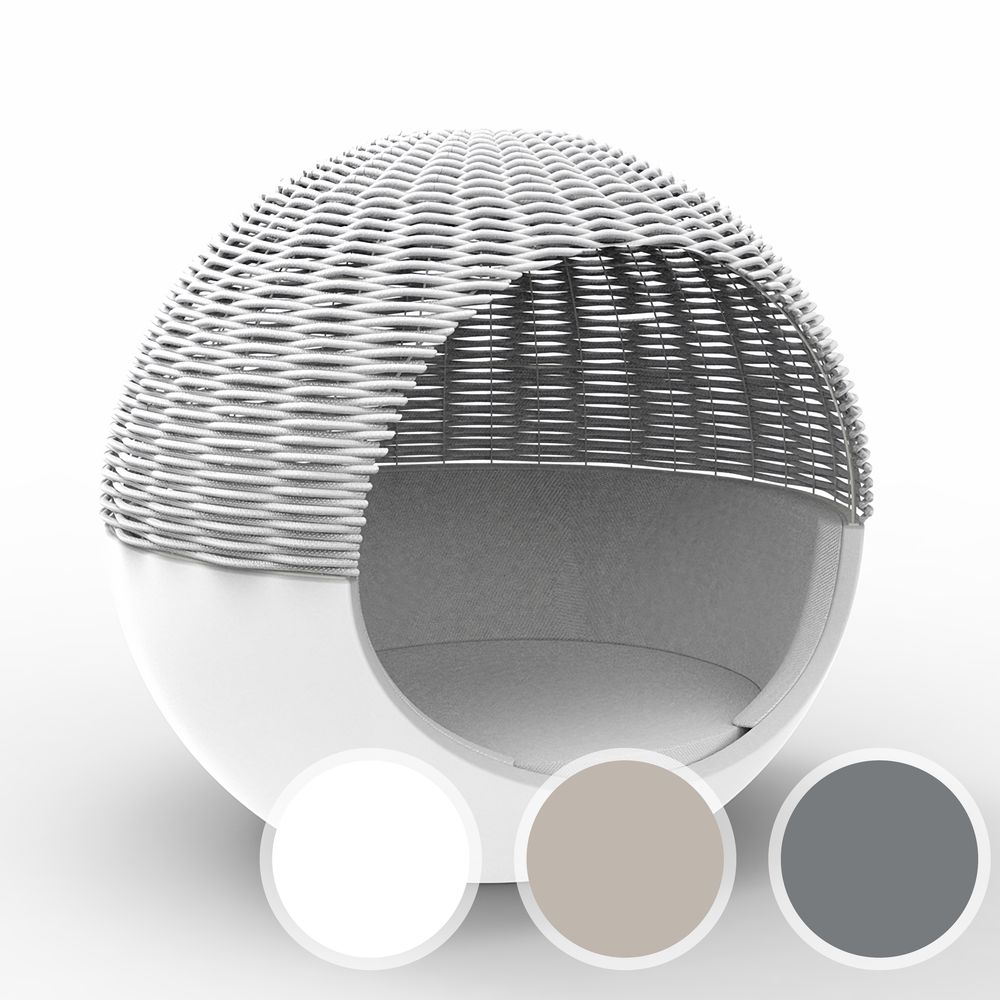 Vondom »ULM« Outdoor Mond Daybed geflochtenes Seildach Lackiert Hochglanz / Ecru mit Bezug Silvertex Ecru 0009 / Dach Cordon Ecru