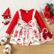 Christmas Baby Girl Red Rib Knit Long-sleeve Faux-two Allover Print Bow Front Dress