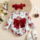 2pcs Baby Girl Allover Red Rose Floral Print Ruffle Long-sleeve Bow Front Romper with Headband Set