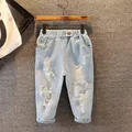 Kid Boy Casual Solid Color Ripped Denim Jeans