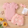 3pcs Baby Girl Solid Ribbed Short-sleeve Ruffle Romper and 100% Crepe Daisy Floral Print Bowknot Shorts with Headband Set