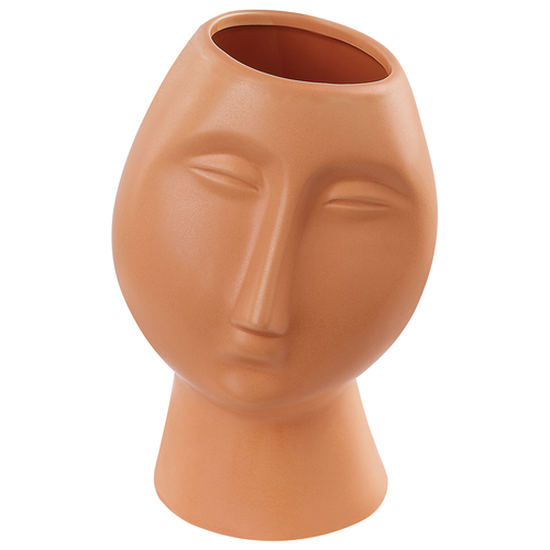 Blumenvase Orange Keramik 24 cm Handgemacht Breite Öffnung Gesichtsmotiv Deko Accessoires für Wohnzimmer Schlafzimmer Flur Eingangsbereich