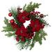 Artificial Red Berry and Poinsettia Christmas Wreath, 22-Inch, Unlit - Green