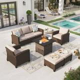 Sophia & William 6 Pieces Wicker Patio Furniture Set 9-Seat Outdoor Conversation Set with Fire Pit Table Beige