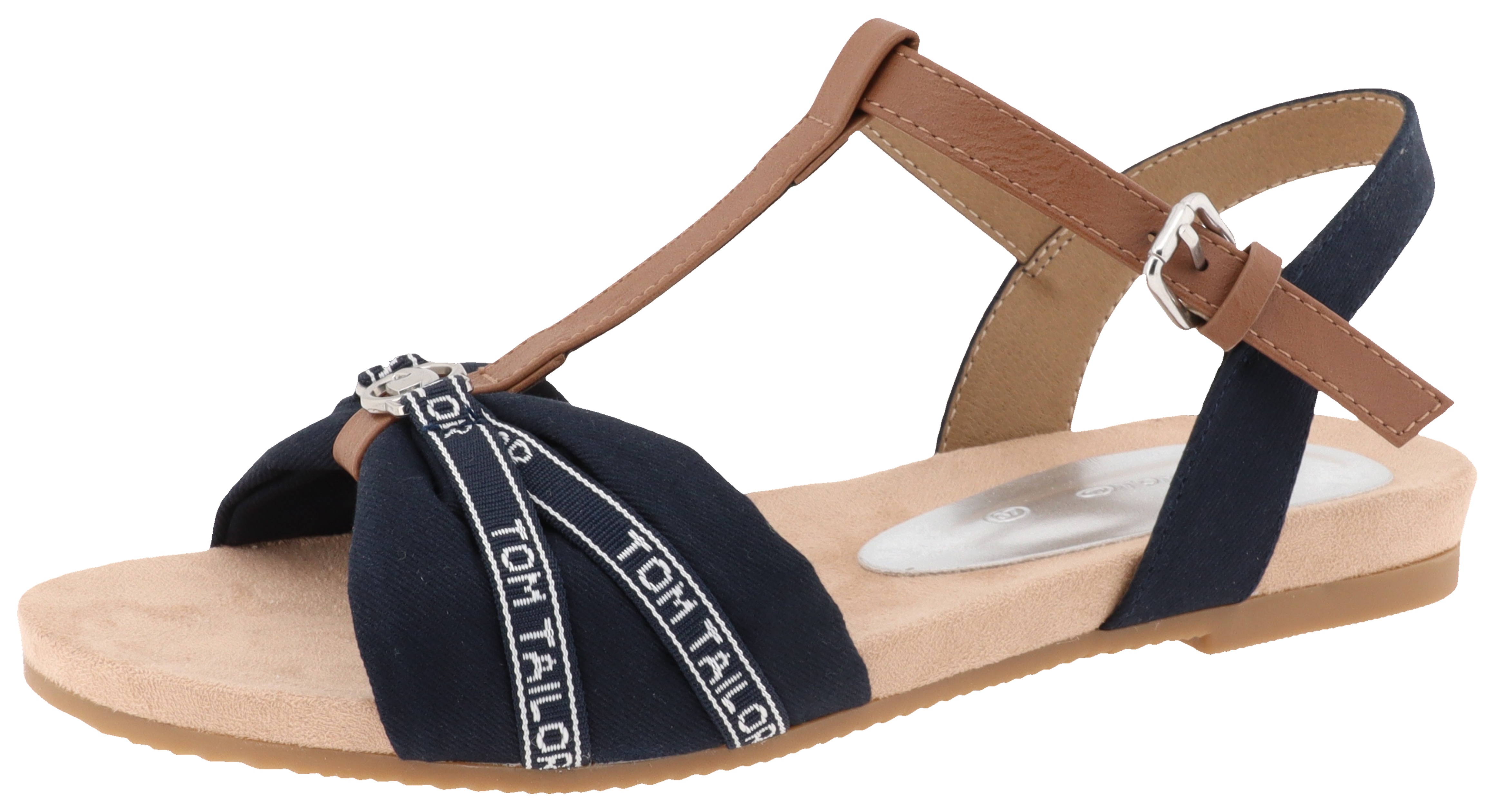 Sandalette TOM TAILOR, Damen, Gr. 37, blau (navy), Lederimitat, Textil, Schuhe Sandalette, Sommerschuh, Sandale, Blockabsatz, mit verstellbarer Schnalle