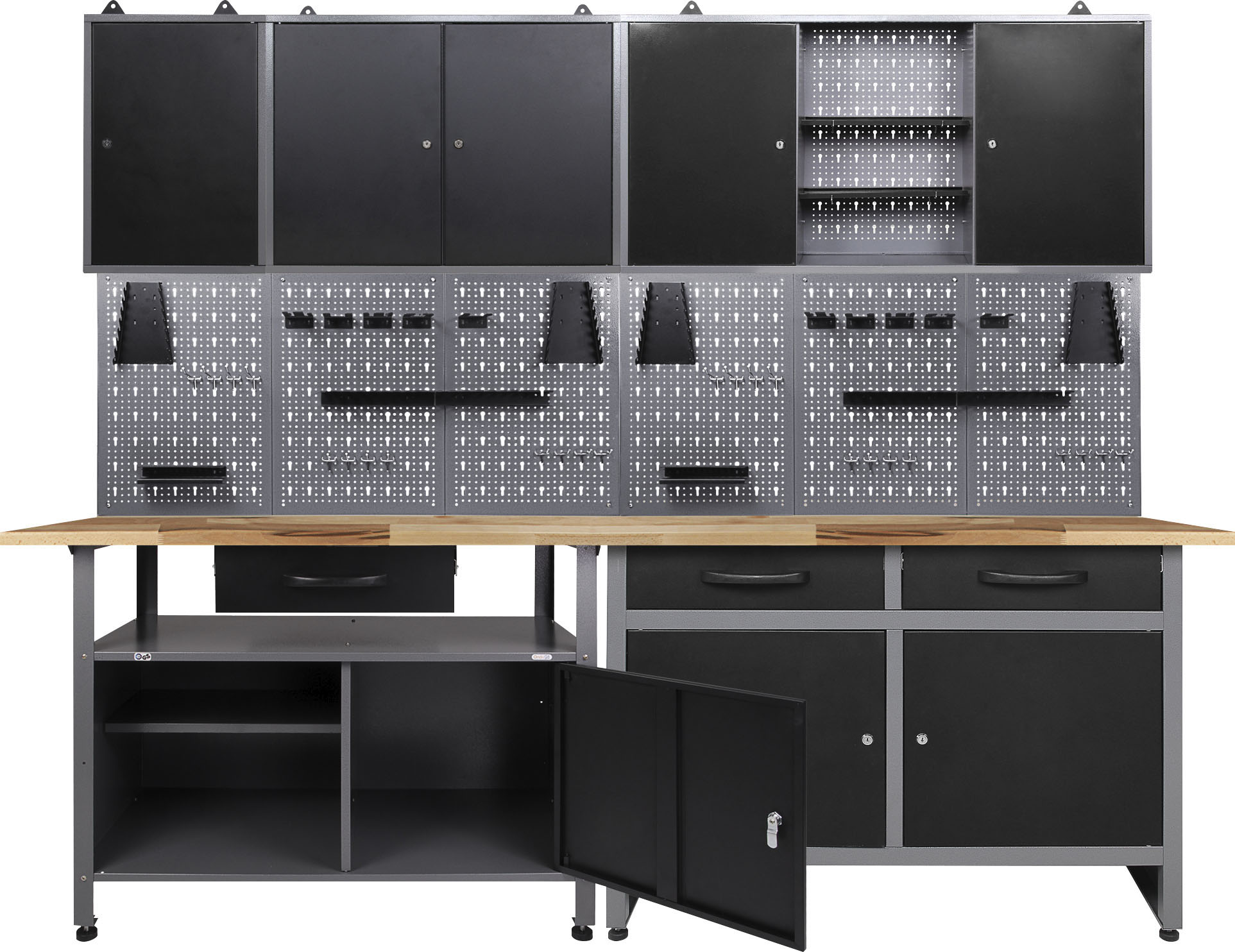 Werkstatt-Set ONDIS24, schwarz (schwarz, grau), B:240cm H:205cm T:60cm, Metall, Werkbänke, 2x Werkbank, 2x Werkzeugwand, 3x Hängeschrank