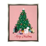 The Holiday Aisle® Merry Christmas Holiday Cats - Floater Frame Graphic Art on Canvas in Green/Pink/White | 21 H x 17 W x 1.7 D in | Wayfair