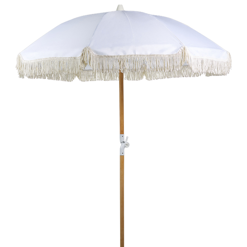 Sonnenschirm Weiß Stoff-Bespannung Rund ⌀ 150 cm mit Volant Regenschutz Holzmast Neigungsfunktion Kurbel Boho Garten Outdoor Balkon Terrasse