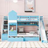Castle Style Bunk Bed with Slide, Twin-Over-Twin/Full-Over-Full Bunk Bed with 2 Drawers and 3 Shelves, Storage Staircase