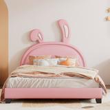 Leather Upholstered Platform Bed with Rabbit Ears Headboard, Twin/Full Size PU Leather Kids Platform Bed Frame for Kids Bedroom