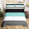 Adults Patchwork Turquoise Striped Double Duvet Cover Teal Black Gray Bedding Set Modern Geometric Stripes Comforter Cover Soft Lightweight Quilt Cover For All Season With 2 Pillow Cases