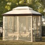 8.9'x 5.9' Outdoor Gazebo with Convertible Swing Bench, Double Roof Soft Canopy Garden Backyard Gazebo with Mosquito Netting