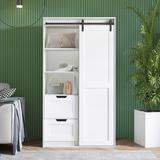 Wardrobe Closet and Cabinet with Hanging Rod, Clothes Locker,Classic Sliding Barn Door Armoire with Drawers for Bedroom