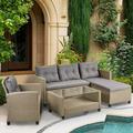 Patio Conversation Set 4 Piece Outdoor Wicker Furniture Set with Loveseat Sofa Lounge Chair Wicker Chair Coffee Table All-Weather Patio Sectional Sofa Set with Cushions for Backyard Garden Pool