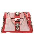 Fendi Red/White Canvas and Leather Maxi Baguette Embellished Shoulder Bag, Red