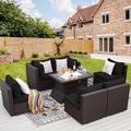 NICESOUL 7 Pcs Patio Wicker Sofa Set with Fire Pit Table Espresso/Black