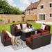 NICESOUL 7 Pcs Outdoor Wicker Furniture with Fire Pit Table Espresso/Red