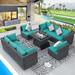 NICESOUL 9 Pcs Outdoor Furniture with Fire Pit Table Wicker Dark Gray/Aqua