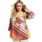 Plus Size Women's Faux-Wrap Kimono Top by June+Vie in Multi Tropical Stripe (Size 10/12)