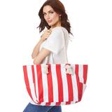 Plus Size Women's Striped Canvas Tote. by Accessories For All in Red