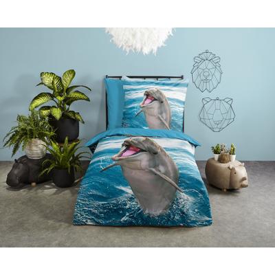 Kinderbettwäsche GOOD MORNING "Jump", blau, B/L: 135cm x 200cm, , Renforcé, B/L: 80cm x 80cm, Renforcu00e9, Obermaterial: 100% Baumwolle, Bettwäsche, 100% Baumwolle, 135x200, Reißverschluss, Wendeoptik, Kind, Delfin Blau Image
