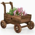 Patiojoy Wooden Wagon Planter Box Decorative Garden Planter w/ Wheels Handle Drain Hole Rustic Wooden Flower Planter