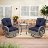 Holaki 3 Pieces Outdoor Wicker Patio Conversation Set 3 Piece Patio Furniture Set with Swivel Rocking Chair Cushions and Table (Navy Blue Cushion)