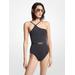 Michael Kors Stretch Nylon Belted One-Shoulder Swimsuit Black 10