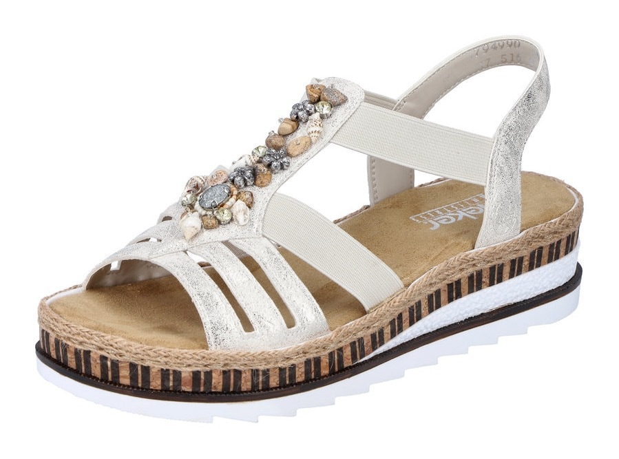 Sandale RIEKER, Damen, Gr. 38, gold (goldfarben), Lederimitat, Schuhe Sandale, Sommerschuh, Sandalette, Keilabsatz, im Metallic-Look