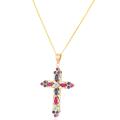 9ct Gold Ruby Sapphire & Aquamarine Cross & Chain Necklace