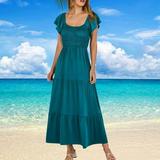 SDNall Formal Dresses for Women Summer Casual Short Sleeve V Neck Smocked Elastic Waist Tiered A Line Maxi Dress with Pockets Long Dress