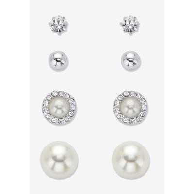 Women's Crystal And Simulated Pearl Silvertone 4-Pair Ball Stud Earring Set (6Mm-12Mm) by PalmBeach Jewelry in White