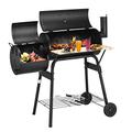 TANGZON Charcoal Barbecue Grill, Barrel Drum BBQ Trolley with Temperature Gauge, Wooden Worktop, Adjustable Vent, Grid Shelf & Wheels, Powder Coated Steel Outdoor Portable Smoker for Garden Patio