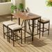 Seizeen Outdoor Bar Dining Table Set 5-Pcs Rattan Patio Table Set with 4 Cushioned Stools Counter Height Dining Bistro Set Foldable Space Saving Brown Wood Top