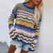 Ydkzymd Womens Sweaters for Women Lightweight Chunky Western Tunic Crew Neck Jumper Ribbed Solid Color Long Sleeve Pullover Top Knit Striped Plus Size Graphic Blouses Blue L