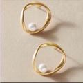Anthropologie Jewelry | Last Pair! Gold Hoop Minimalist Pearl Style Stud Back Earrings | Color: Gold/White | Size: Os