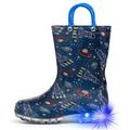 HugRain Boys Kids Wellies Wellingtons Boots Baby Child Light Up Rain Boots Toddler Waterproof Shoes Lightweight Blue Cosmos Cute Design with Easy On Handles and Insole (Size 1,Navy)