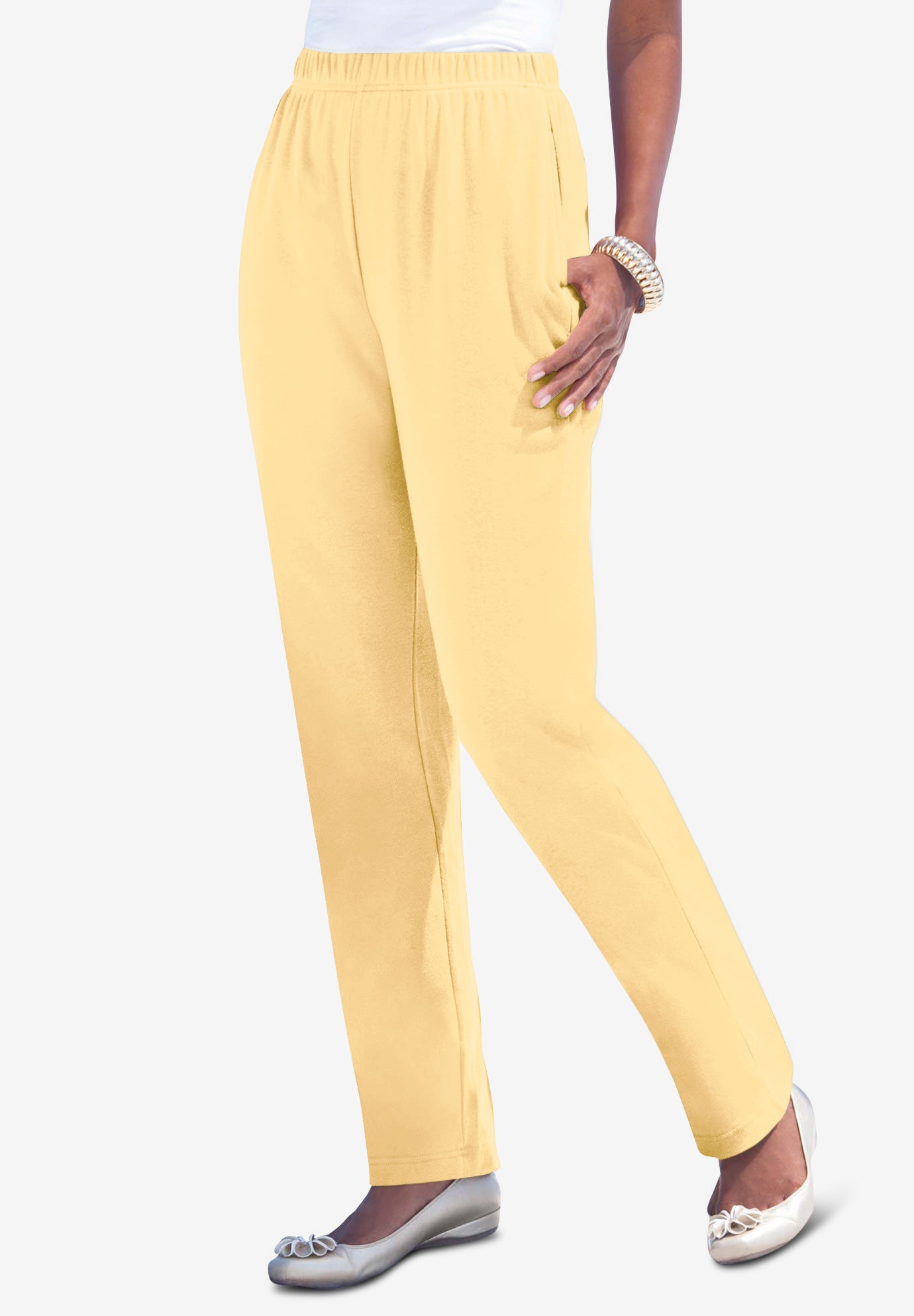 Plus Size Women's Plus Size Straight Leg Soft Knit Pull On Pant by Roaman's in Banana (Size 4X) Pull On Elastic Waist