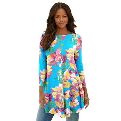 Plus Size Women's Boatneck Swing Ultra Drape Tunic by Roaman's in Ocean Orchid Garden (Size 18/20) Long Shirt