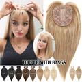 Benehair 100% Real Remy Human Hair Extensions Silk Base Clip In Topper Toupee Hairpiece With Bangs for Women Hair Loss Brown