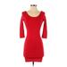 Forever 21 Casual Dress - Bodycon Scoop Neck 3/4 sleeves: Red Print Dresses - Women's Size Small