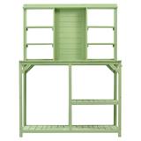 64.6" Large Outdoor Potting Bench, Garden Potting Table, Wood Workstation with 6-Tier Shelves, Large Tabletop and Side Hook