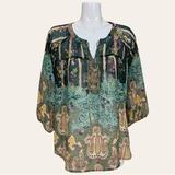 Anthropologie Tops | Anthropologie Fig & Flower Bohemian Paisley Tie Front 3/4 Sleeves Top Large | Color: Green/Yellow | Size: L
