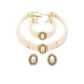 3 Rows Rhinestone Trimmed Simulated Pearl Choker Necklace, Bracelet, Pierced Earring 3 Set (Cream)