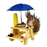 Homarden Squirrel Feeder Table with Umbrella - Solid Wooden Chipmunk Picnic Table Feeder with Corn Cob Holder & Bowl for Outside (Blue)