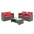 4 Pieces Outdoor Wicker Conversation Set All-Weather Rattan Patio Furniture Sets with Arm Chairs Tempered Glass Tabletop and Cushions Sectional Sofa Set for Backyard Garden Poolside