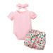 Kucnuzki 3 Months Baby Girl Summer Outfits Shorts Sets 6 Months Short Sleeve Solid Color Rib Kintted Rompers Tops Watercolor Styling Floral Prints Shorts Headband 3PCS Set Pink