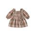 Peyakidsaa Infant Baby Girls Plaid Dress Square Neck Ruffles Long Sleeve Buttons A-line Dress Casual Princess Dress